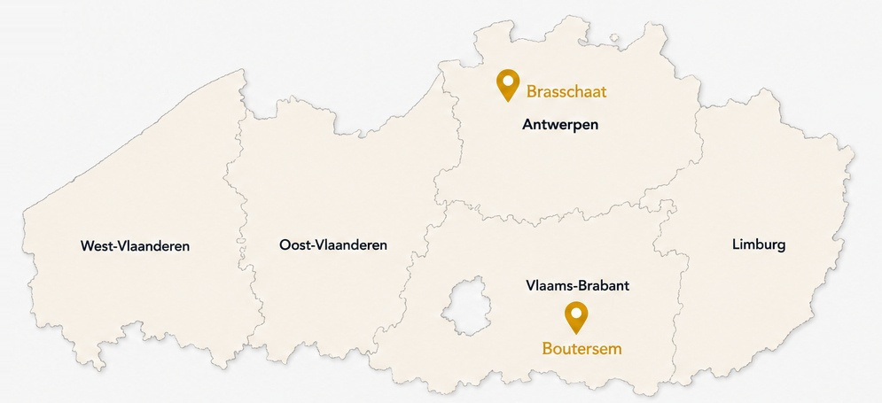 Carte de la Flandre indiquant Brasschaat et Boutersem